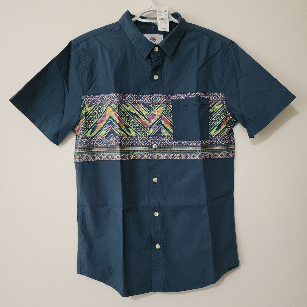 On The Byas Mens Blue Tribal Button Up Shirt Cotton Short Sleeve PacSun M